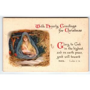 Vintage 1924 Christmas Postcard Nativity Scene With Hearty Greetings
